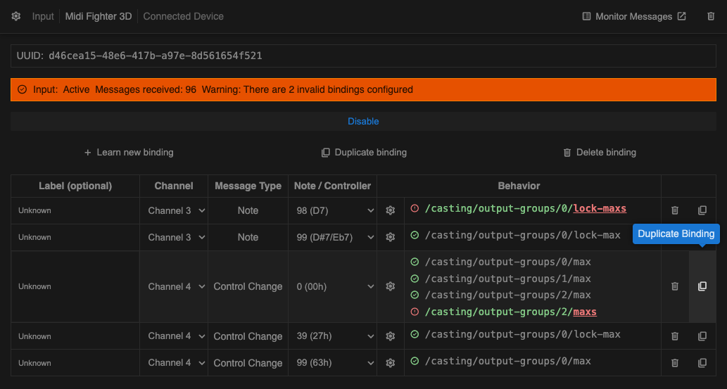 Screenshot of multiple bindings configured, with invalid commands highlighted