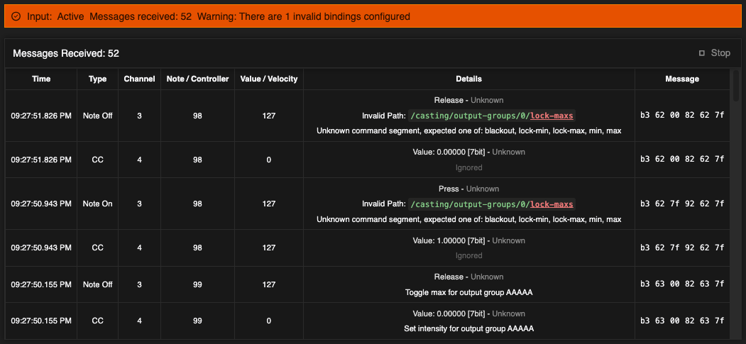 Screenshot of the MIDI monitor messages window showing incoming MIDI messages, matched with specific bindings