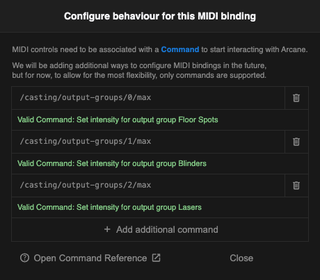 Screenshot of a single MIDI control with multiple commands configured